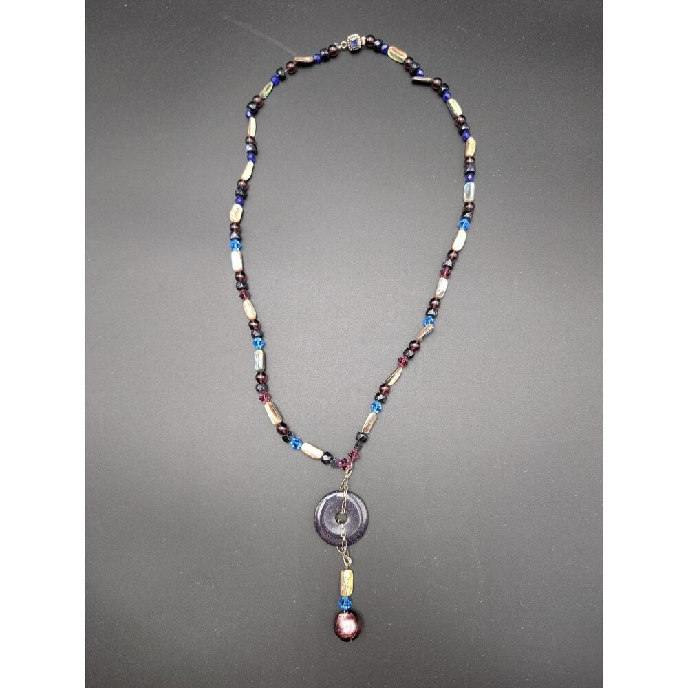 Sterling Silver 925 Abalone Crystal Blue Beaded Necklace Donut Pendant Box Clasp